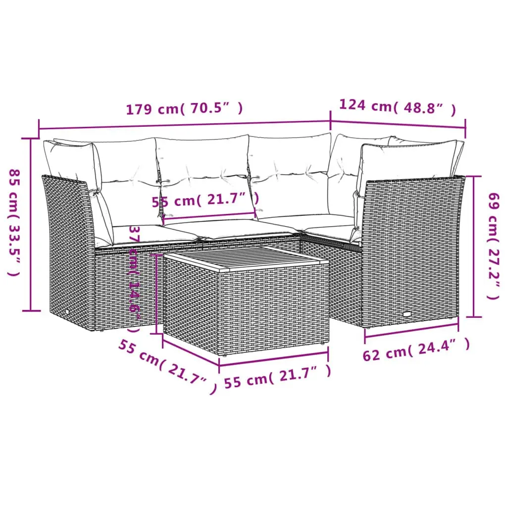 Garden Sofa Set 5 Piece Outdoor Furniture Grey Poly Rattan Patio Lounge with