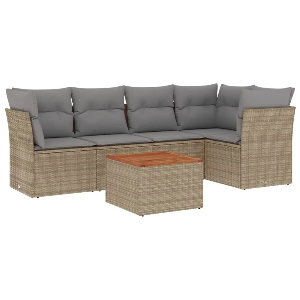 Garden Sofa Set 6 Piece Modular Outdoor Furniture PE Rattan Beige with Acacia Wood Table