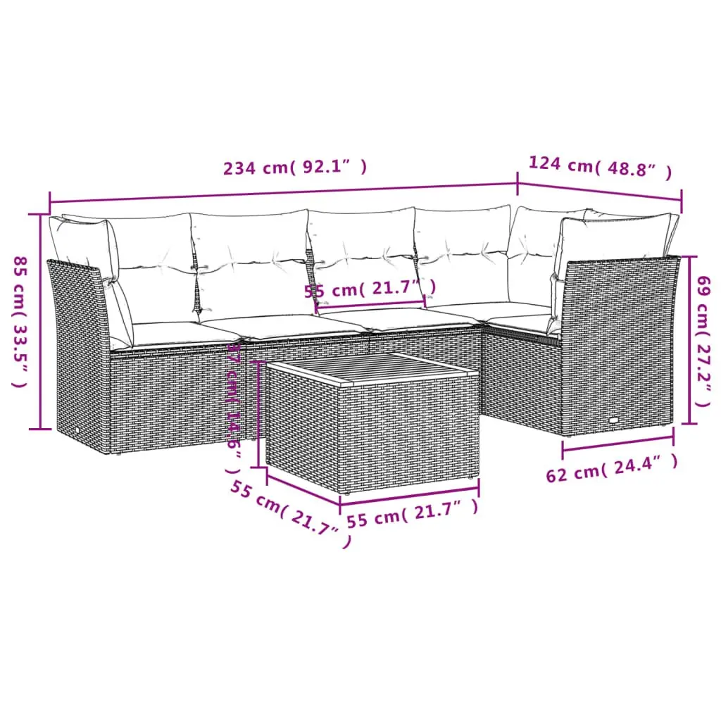 Garden Sofa Set 6 Piece Modular Outdoor Furniture PE Rattan Beige with Acacia Wood Table