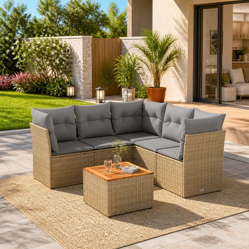 Garden Sofa Set PE Rattan 6 Piece Outdoor Furniture Beige Patio Lounge Seating