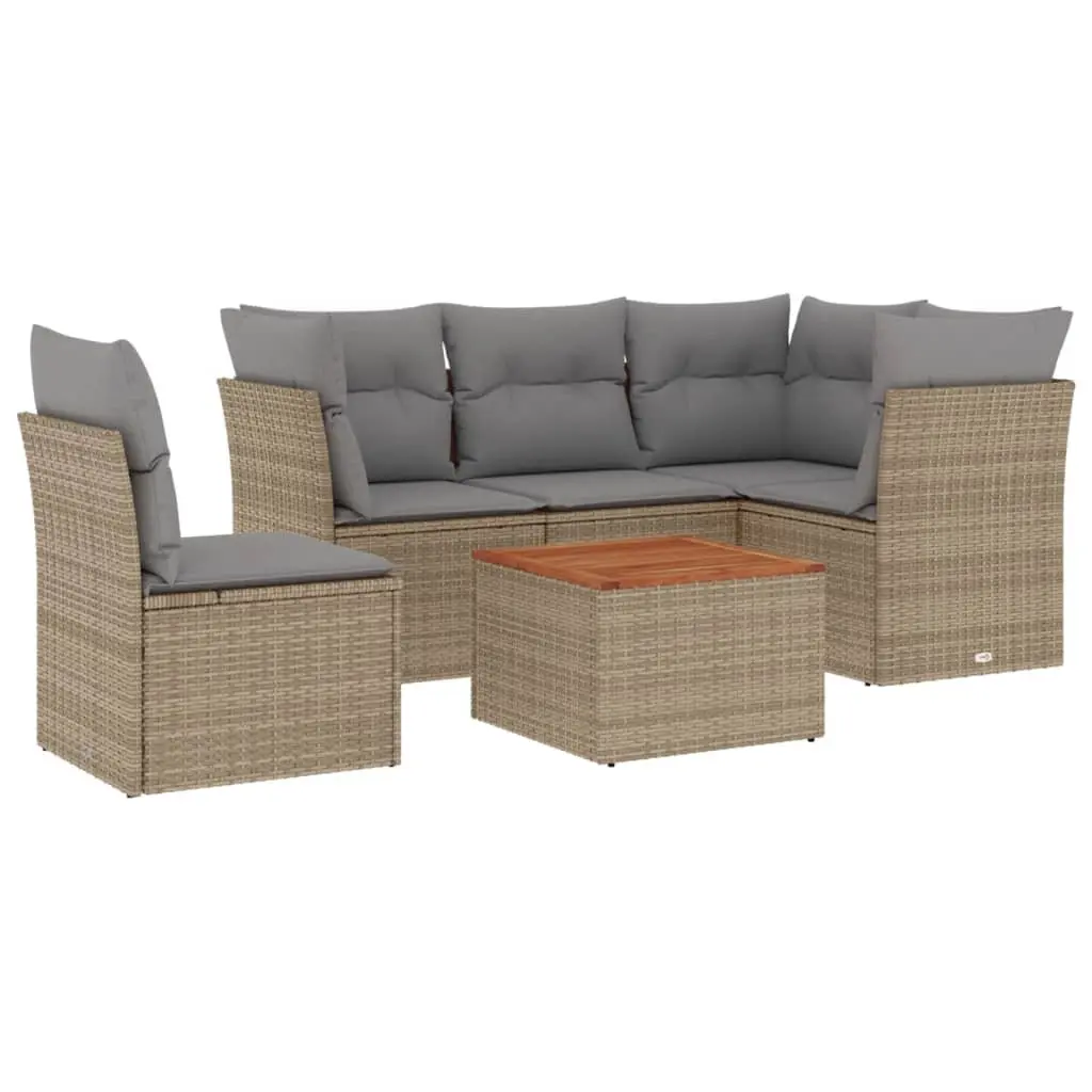 Garden Sofa Set 6 Piece Modular Outdoor Furniture PE Rattan Beige with Acacia Wood Table