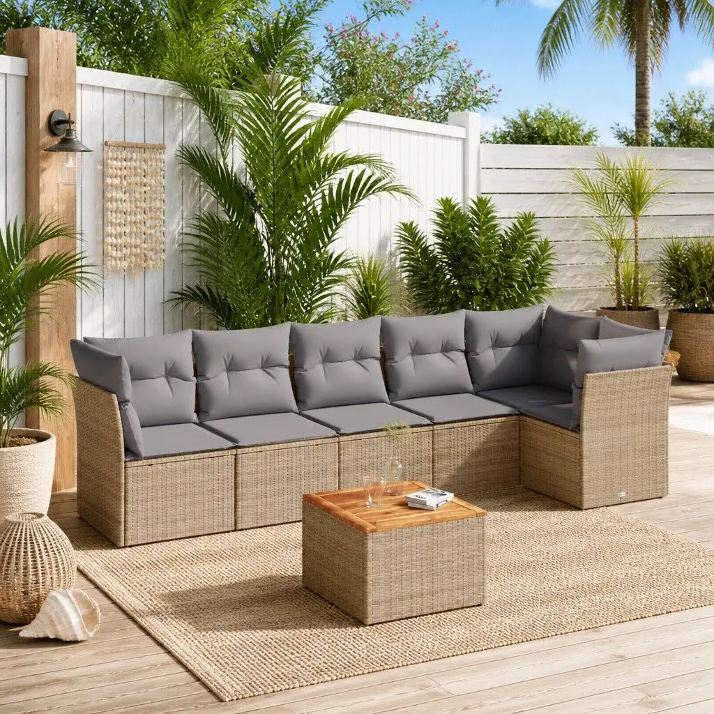 Garden Sofa Set 7 Piece Poly Rattan Outdoor Furniture Beige Patio Lounge Seating