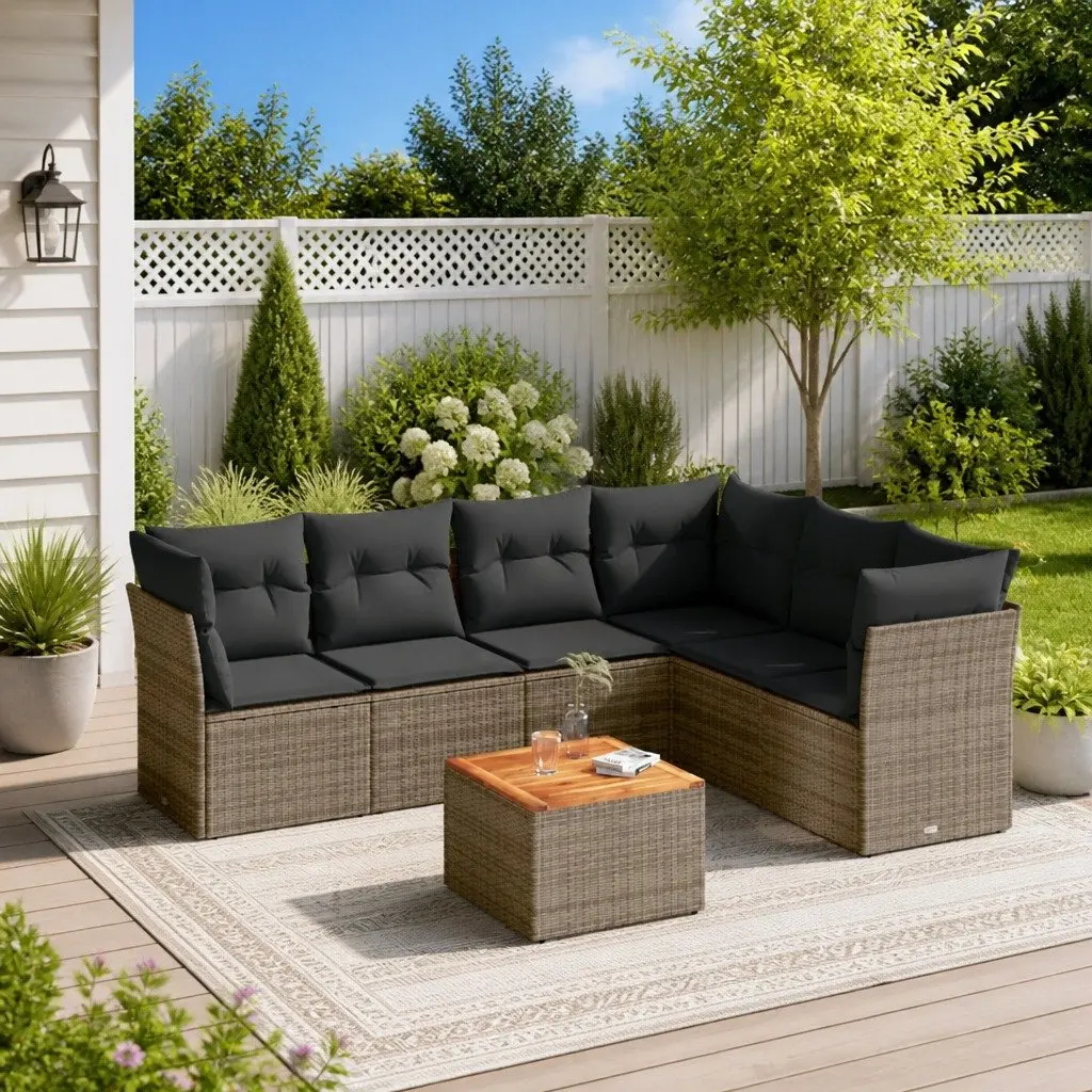 7 Piece Garden Sofa Set Poly Rattan Grey Outdoor Furniture with Storage