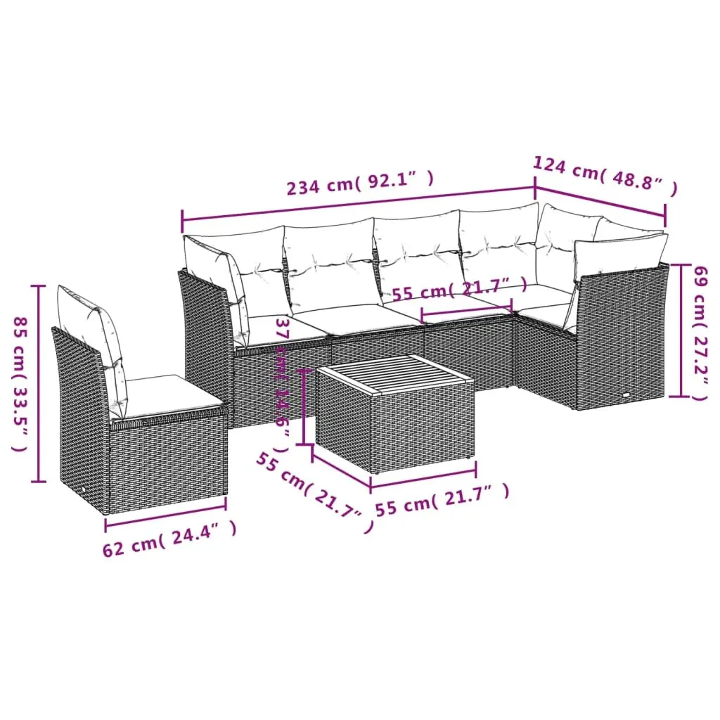 Garden Sofa Set 7 Piece Modular PE Rattan Beige Outdoor Furniture with Acacia Wood Table