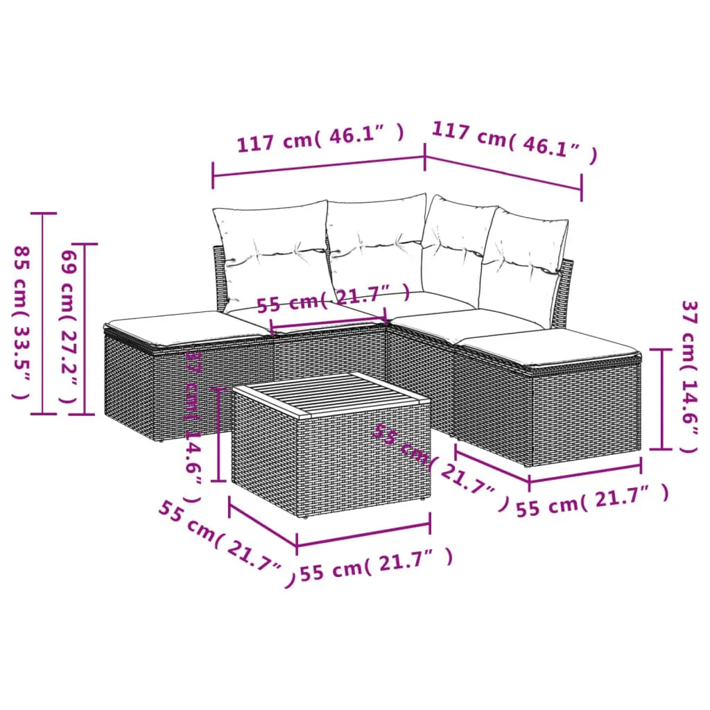 Garden Sofa Set 6 Piece Grey Poly Rattan Outdoor Furniture Patio Seating with