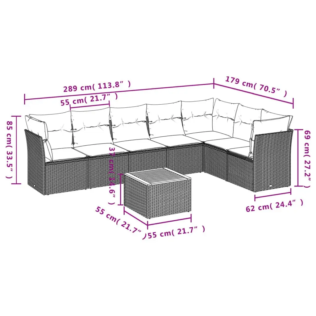 Garden Sofa Set 8 Piece Modular PE Rattan Beige Cushions with Acacia Wood Tabletop