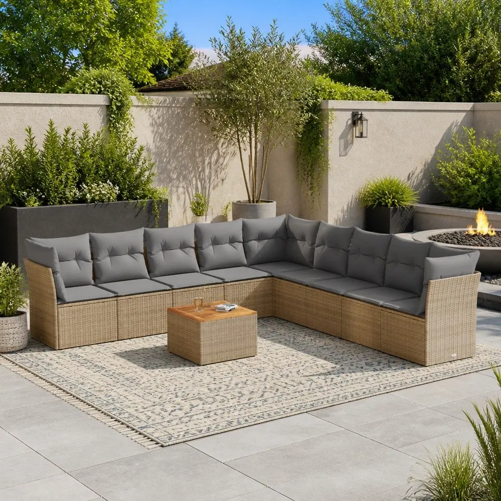 Garden Sofa Set 10 Piece PE Rattan Modular Outdoor Furniture Beige with Acacia Wood Table
