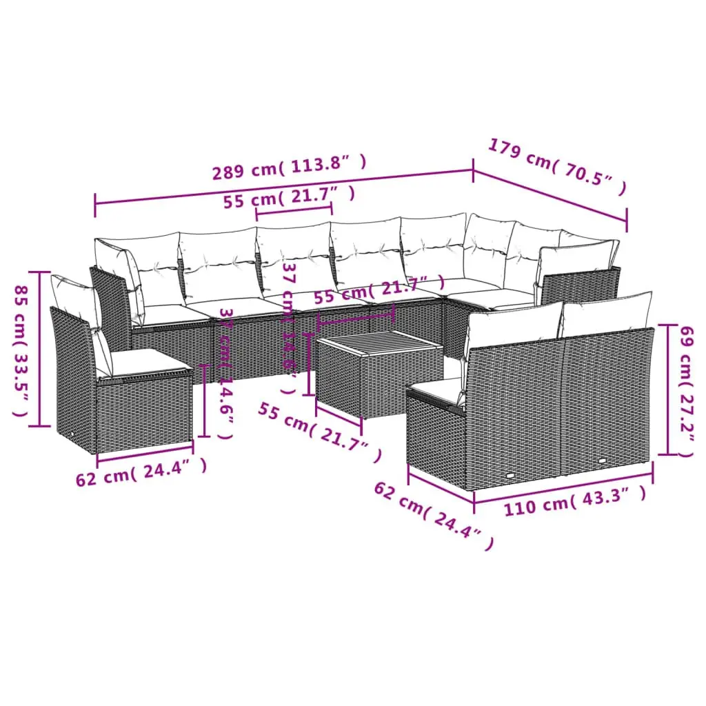 Garden Sofa Set PE Rattan 11 Piece Grey Outdoor Furniture with Cushions
