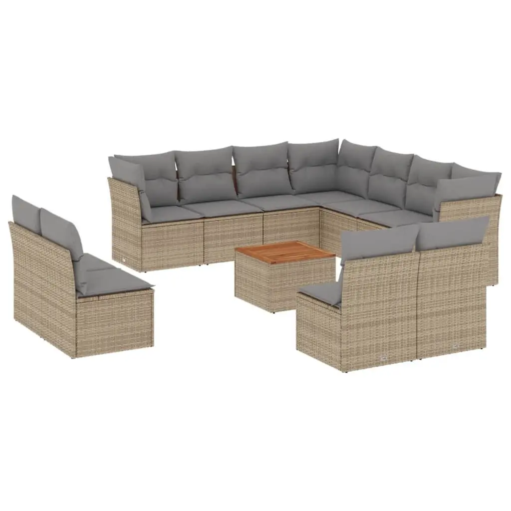 12 Piece Modular Outdoor Sofa Set Beige Poly Rattan with Acacia Wood Table and Removable Cushion Covers for Garden Patio Conversation