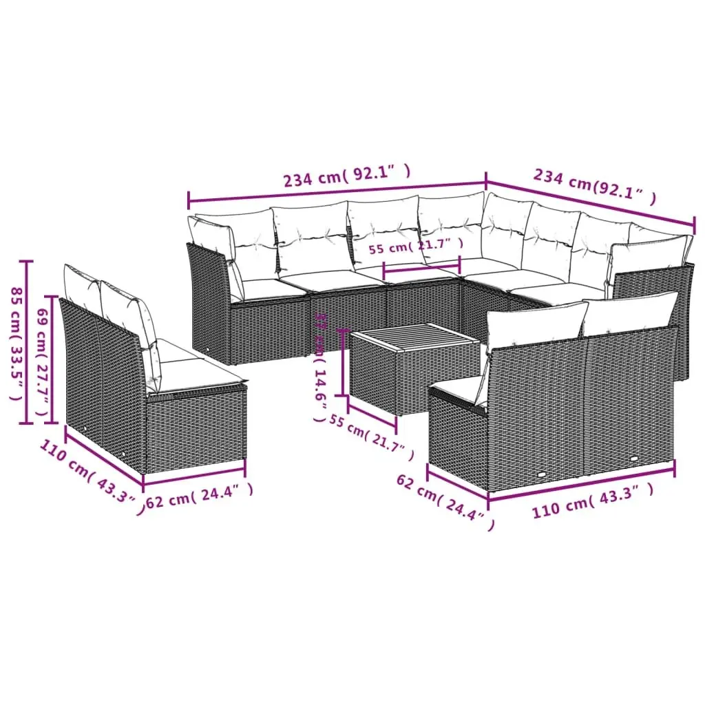 12 Piece Modular Outdoor Sofa Set Beige Poly Rattan with Acacia Wood Table and Removable Cushion Covers for Garden Patio Conversation