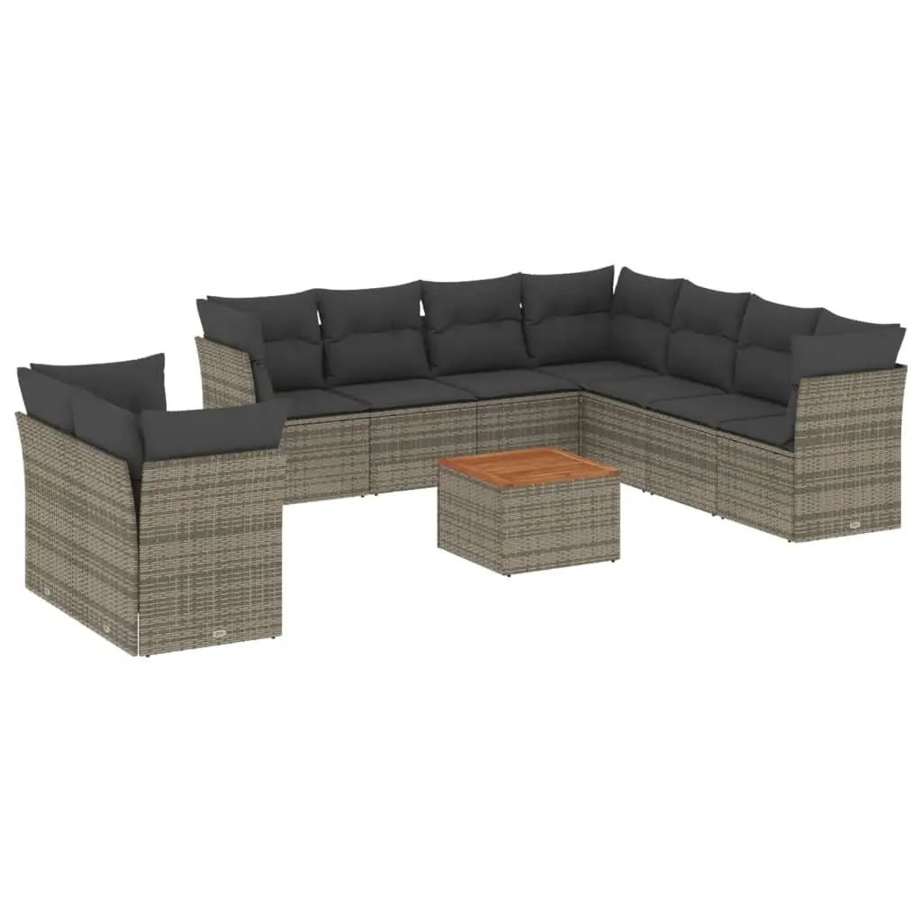 Garden Sofa Set 10 Piece Modular Outdoor Furniture Grey PE Rattan with Acacia Wood Table Top