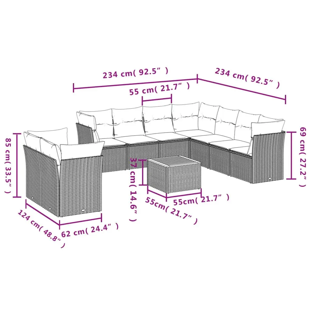 Garden Sofa Set 10 Piece Modular Outdoor Furniture Grey PE Rattan with Acacia Wood Table Top