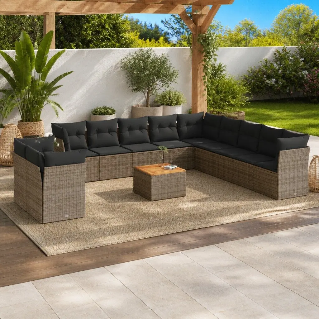 12 Piece Modular Outdoor Sofa Set Grey PE Rattan with Acacia Wood Tabletop and Storage Space for Patio and Backyard