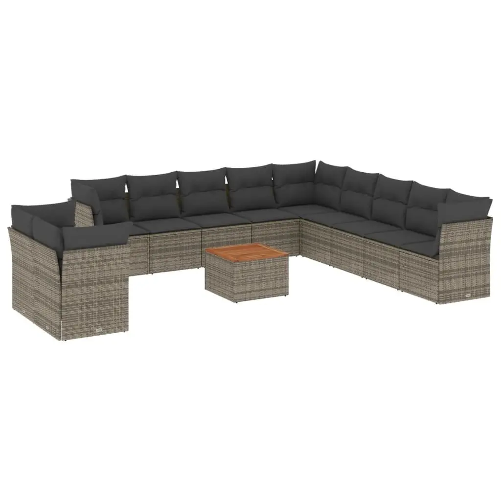 12 Piece Modular Outdoor Sofa Set Grey PE Rattan with Acacia Wood Tabletop and Storage Space for Patio and Backyard