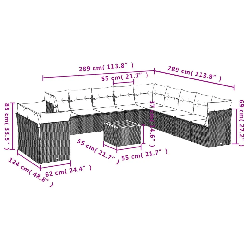 12 Piece Modular Outdoor Sofa Set Grey PE Rattan with Acacia Wood Tabletop and Storage Space for Patio and Backyard