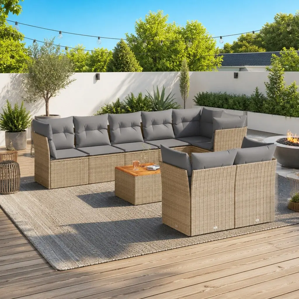 Garden Sofa Set 9 Piece Outdoor Furniture Patio Seating Beige Poly Rattan with