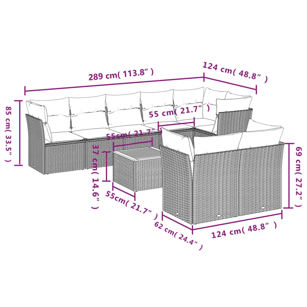 9 Piece Outdoor Garden Sofa Set Grey Poly Rattan Patio Furniture with Cushions