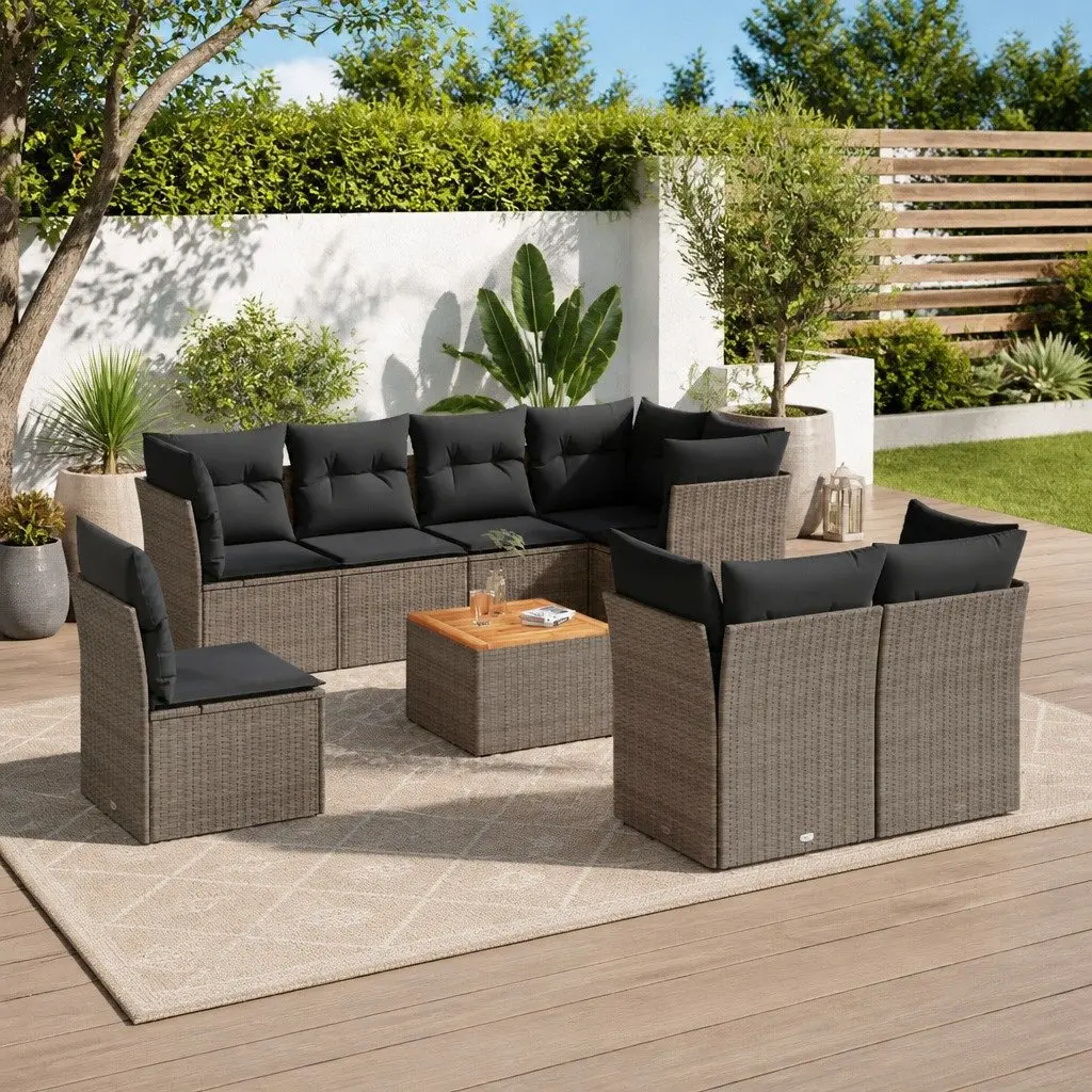 Garden Sofa Set 9 Piece Modular Outdoor Furniture Grey PE Rattan Acacia Wood