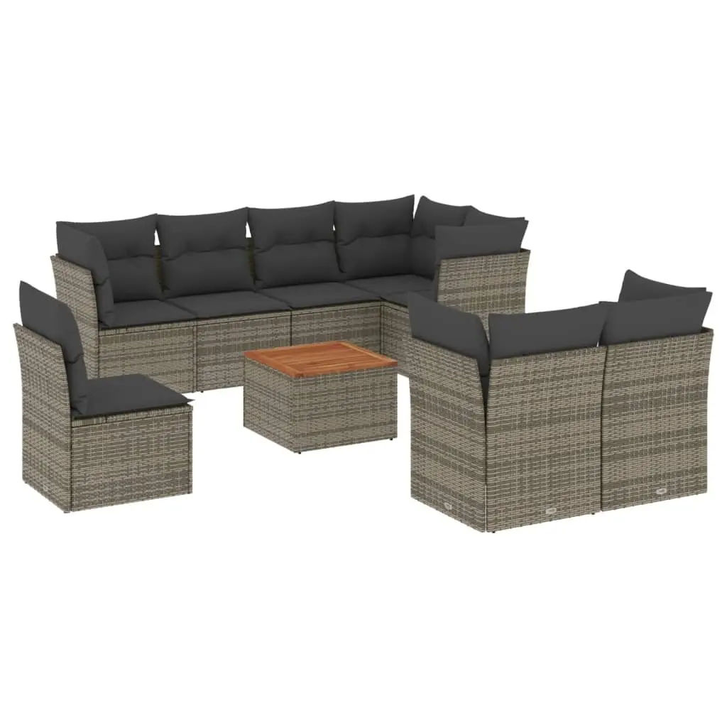 Garden Sofa Set 9 Piece Modular Outdoor Furniture Grey PE Rattan Acacia Wood