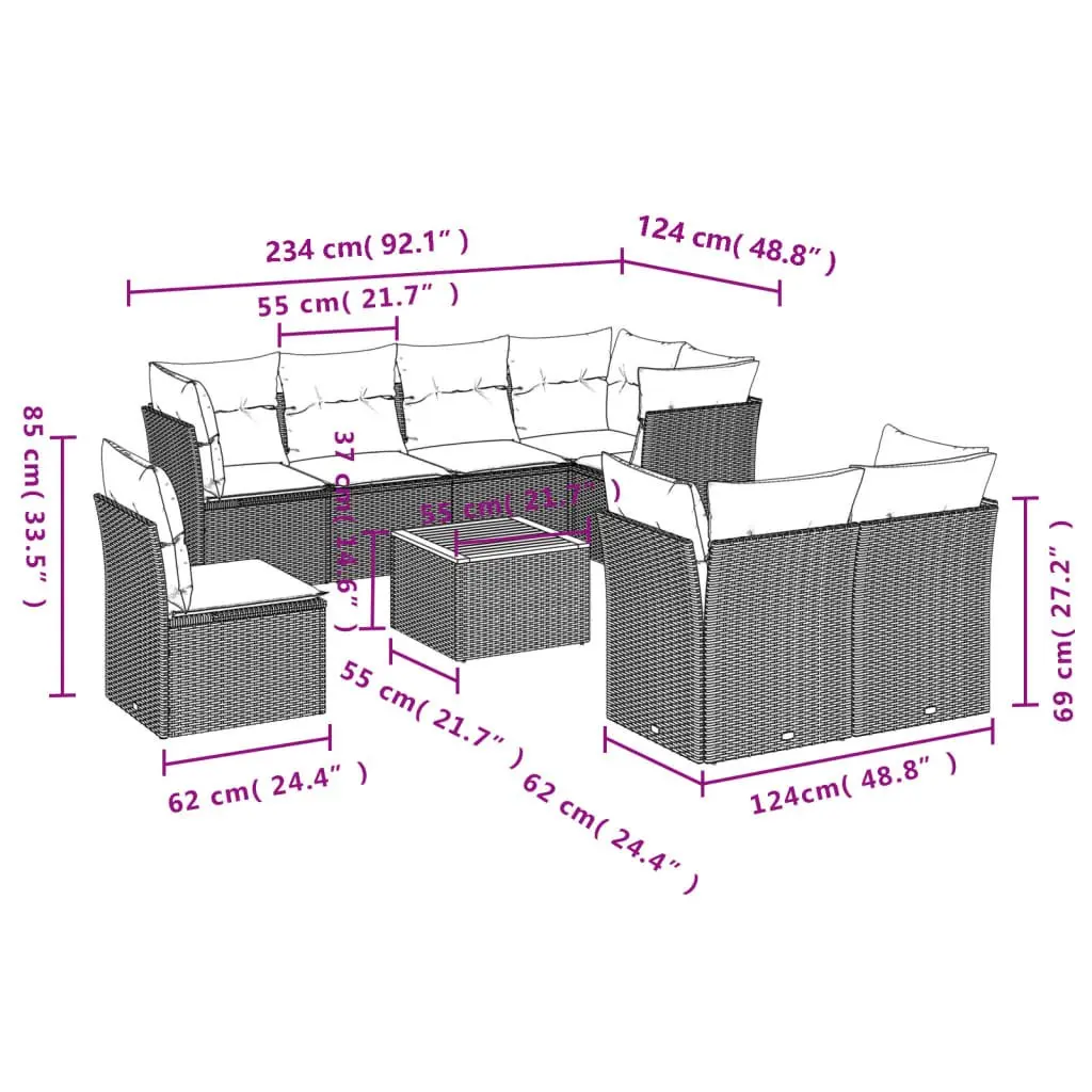 Garden Sofa Set 9 Piece Modular Outdoor Furniture Grey PE Rattan Acacia Wood