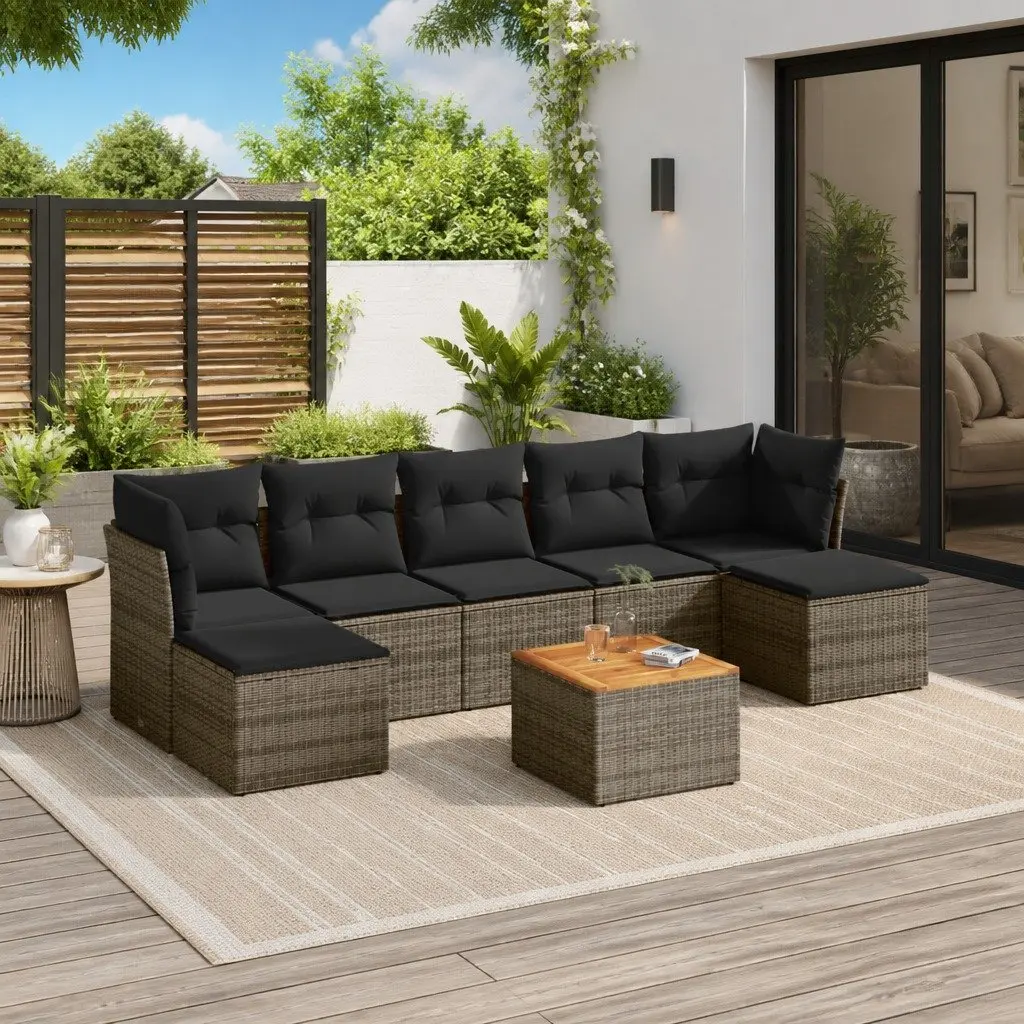 Garden Sofa Set 8 Piece Modular Outdoor Furniture Grey PE Rattan Acacia Wood