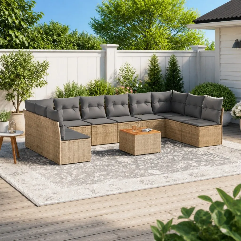 Garden Sofa Set 11 Piece PE Rattan Modular Outdoor Furniture Beige with Acacia Wood Table Top
