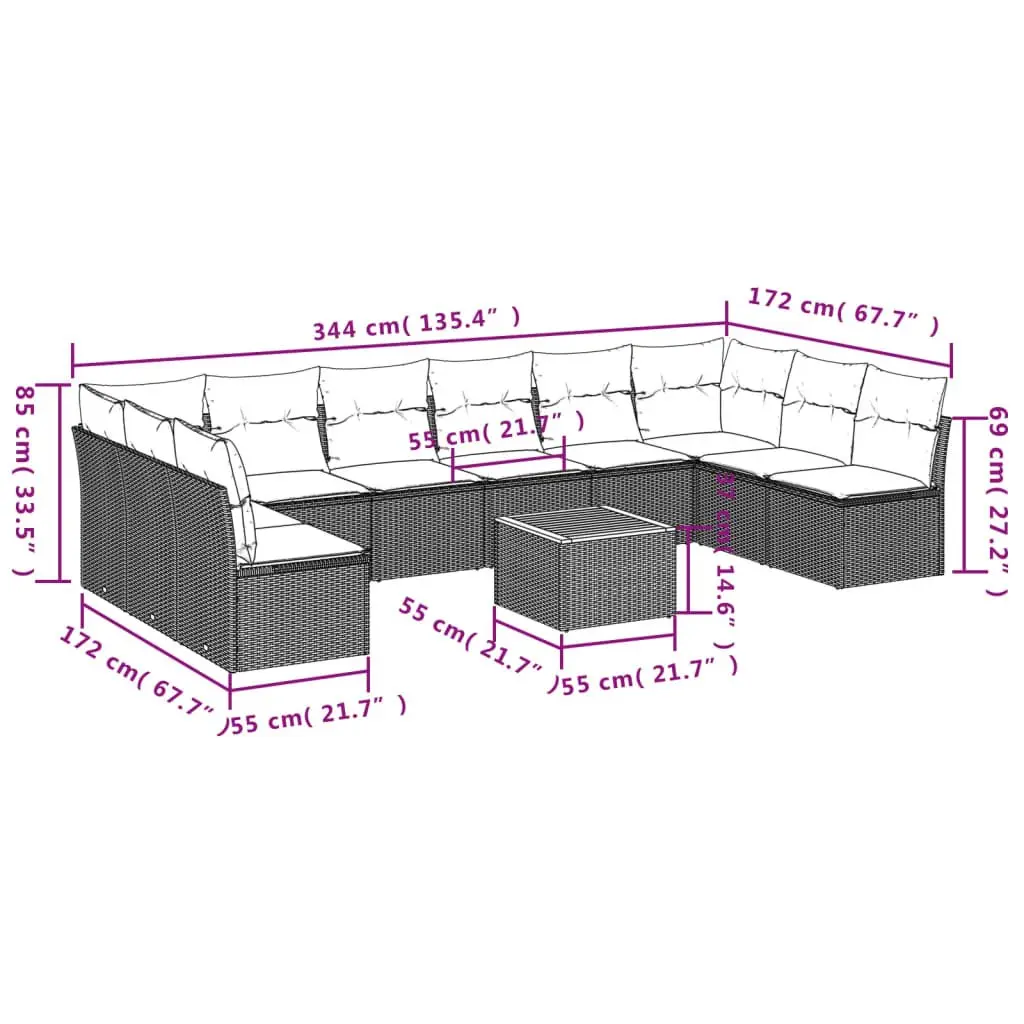 Garden Sofa Set 11 Piece PE Rattan Modular Outdoor Furniture Beige with Acacia Wood Table Top