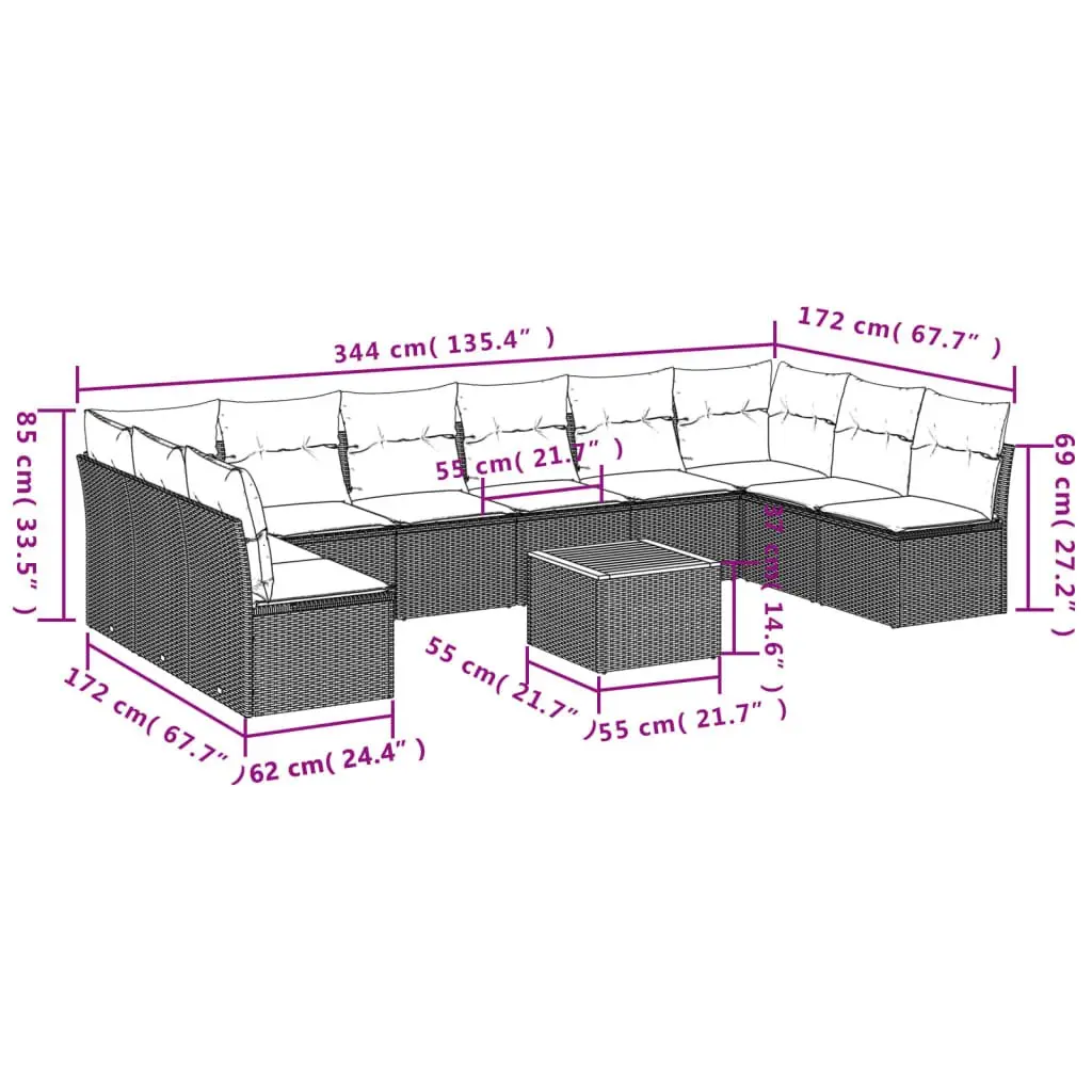 Garden Sofa Set PE Rattan 11 Pieces Outdoor Furniture Grey with Cushions