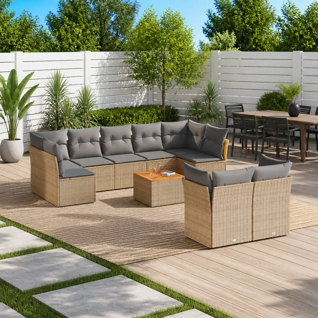 Garden Sofa Set 10 Piece Modular Outdoor Furniture PE Rattan Beige Acacia Wood