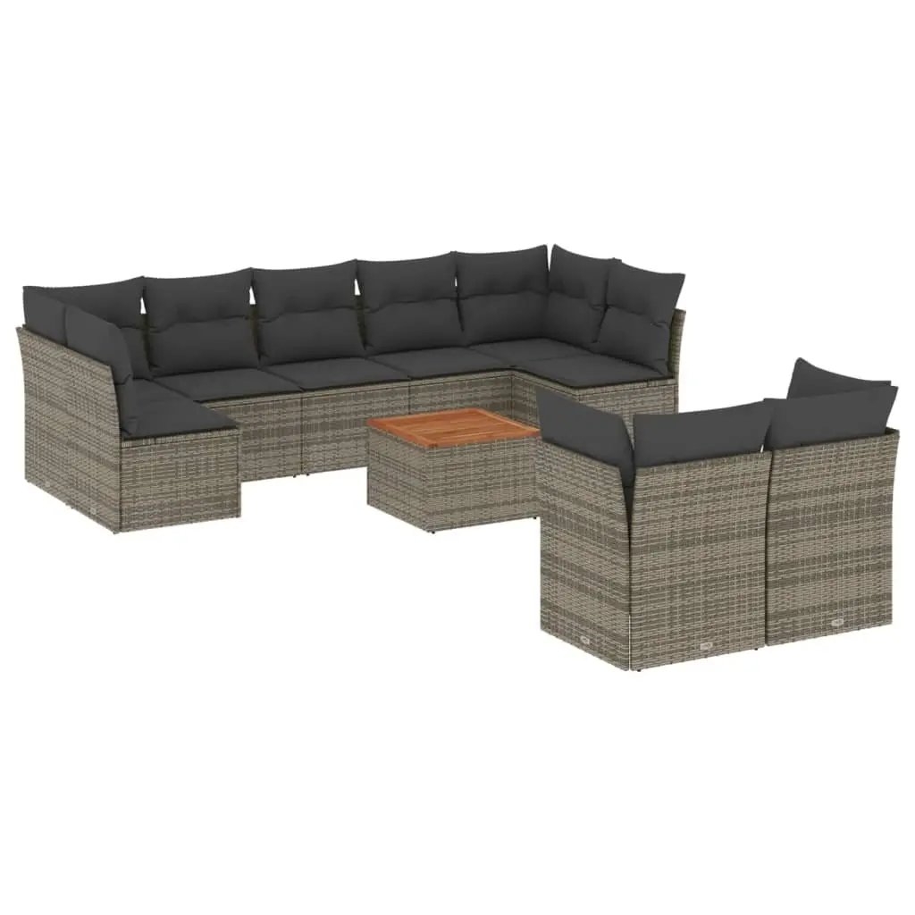 Garden Sofa Set PE Rattan 10 Piece Outdoor Furniture Grey Acacia Wood Tabletop