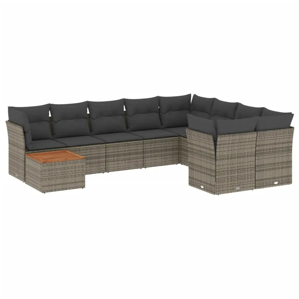 10 Piece Outdoor Garden Sofa Set Grey Poly Rattan with Acacia Wood Table