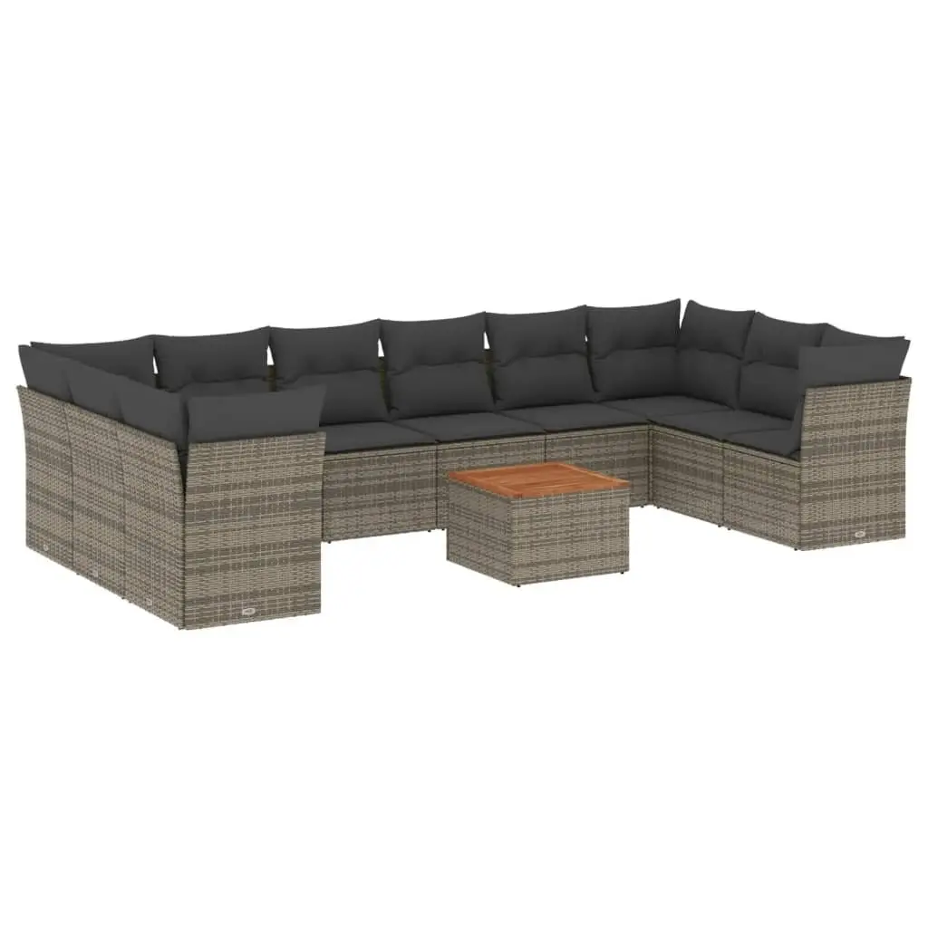 Garden Sofa Set 11 Piece Modular Outdoor Furniture Grey PE Rattan Acacia Wood Table Top