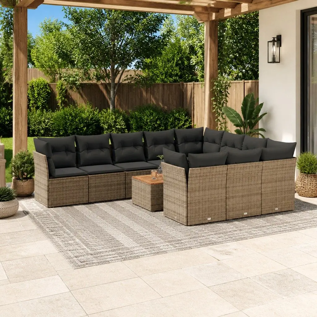 Garden Sofa Set 11 Piece Modular Outdoor Furniture Grey PE Rattan Acacia Wood Table
