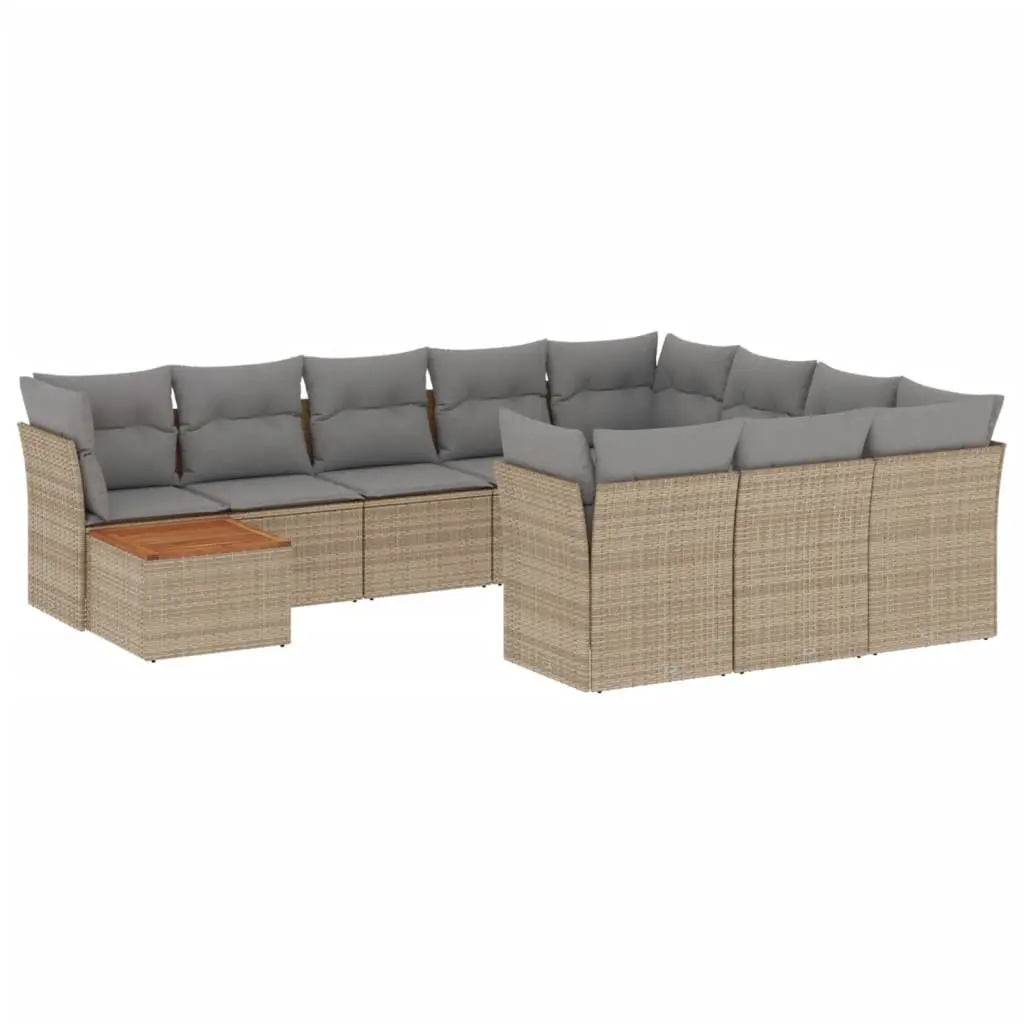 Garden Sofa Set 11 Piece PE Poly Rattan Beige with Cushions and Acacia Wood Table