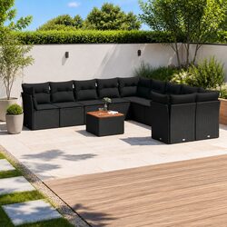 Practical 11-Piece Black Rattan Patio Sofa Set