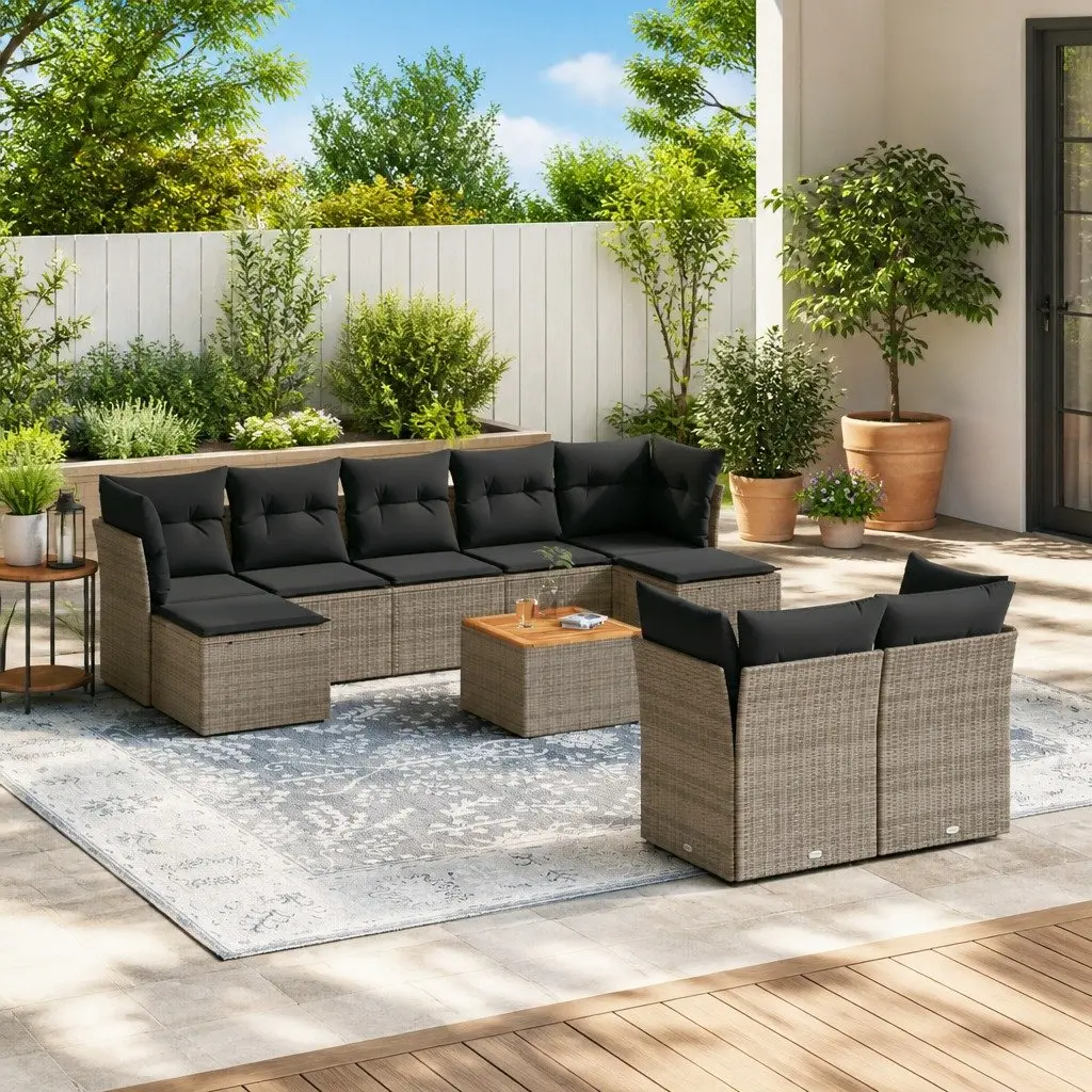 10 Piece Outdoor Furniture Set Grey PE Rattan Sofa with Acacia Wood Tabletop and Storage Compartments