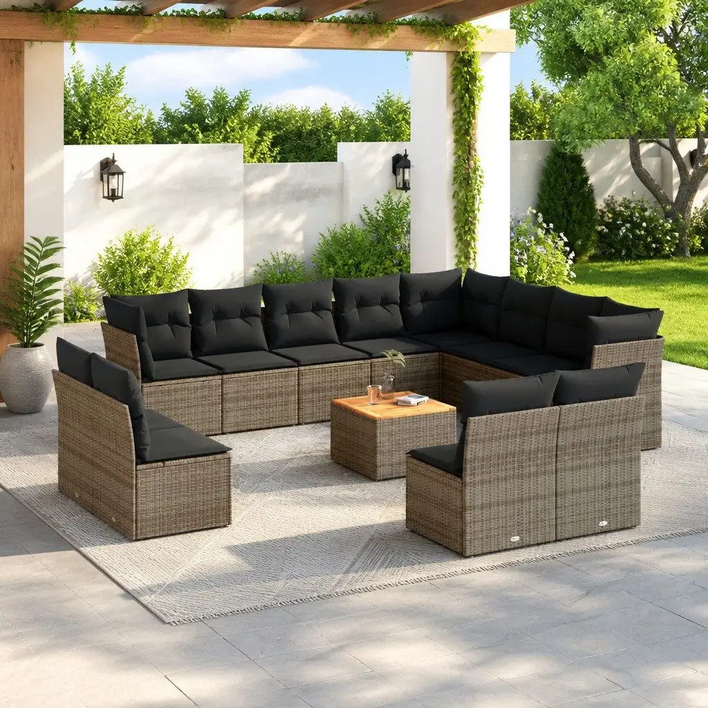 Garden Sofa Set 13 Piece Modular PE Rattan Outdoor Furniture Grey with Acacia Wood Table Top