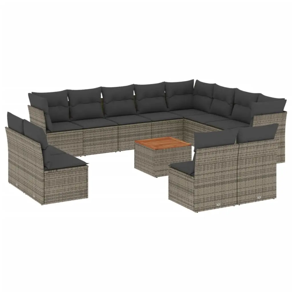 Garden Sofa Set 13 Piece Modular PE Rattan Outdoor Furniture Grey with Acacia Wood Table Top