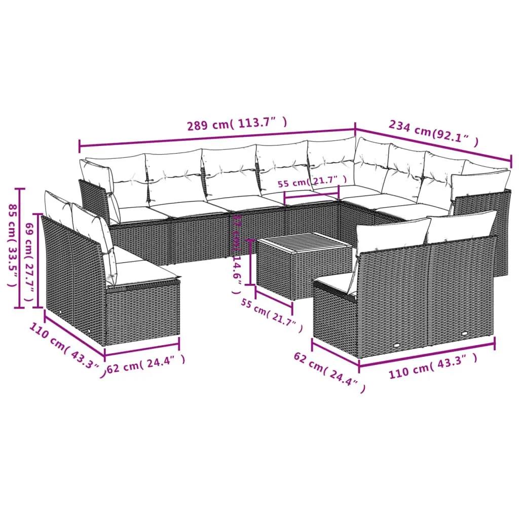Garden Sofa Set 13 Piece Modular PE Rattan Outdoor Furniture Grey with Acacia Wood Table Top