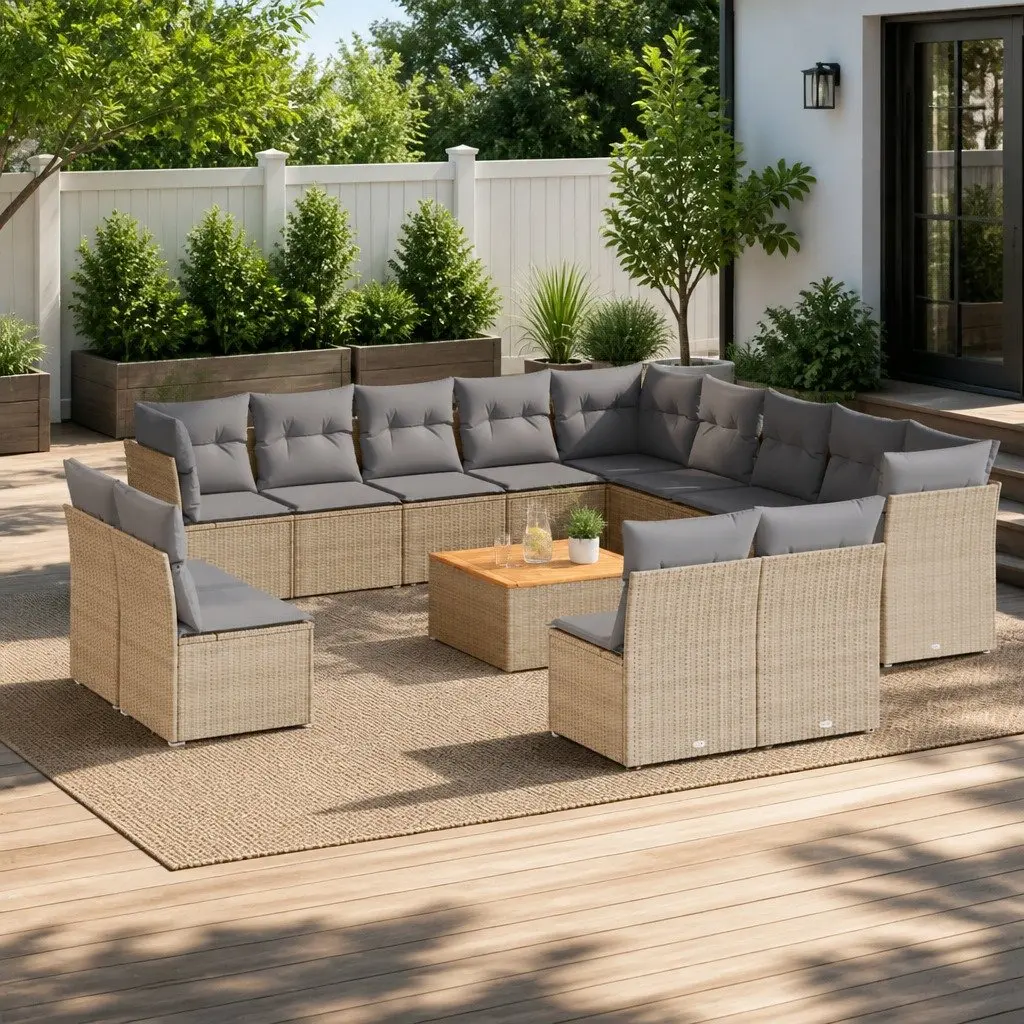 Garden Sofa Set PE Rattan 14 Piece Outdoor Furniture Beige Patio Lounge