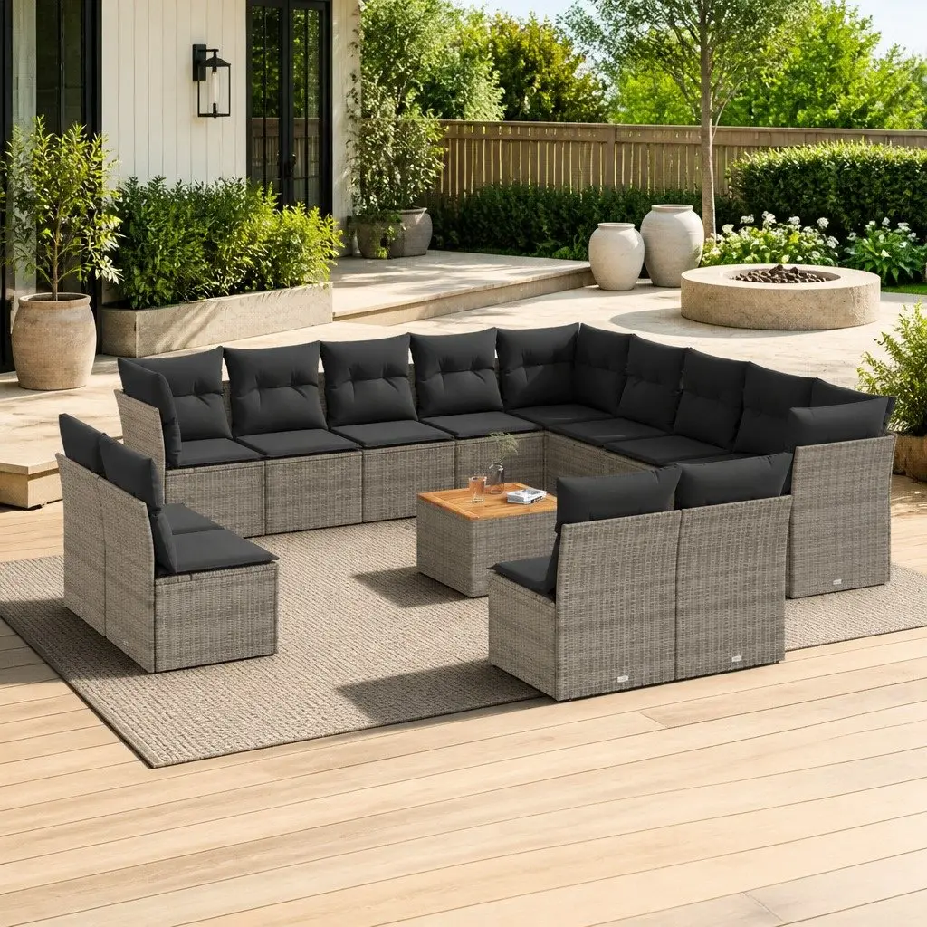 Garden Sofa Set PE Rattan 14 Piece Outdoor Furniture Grey with Storage Cushions