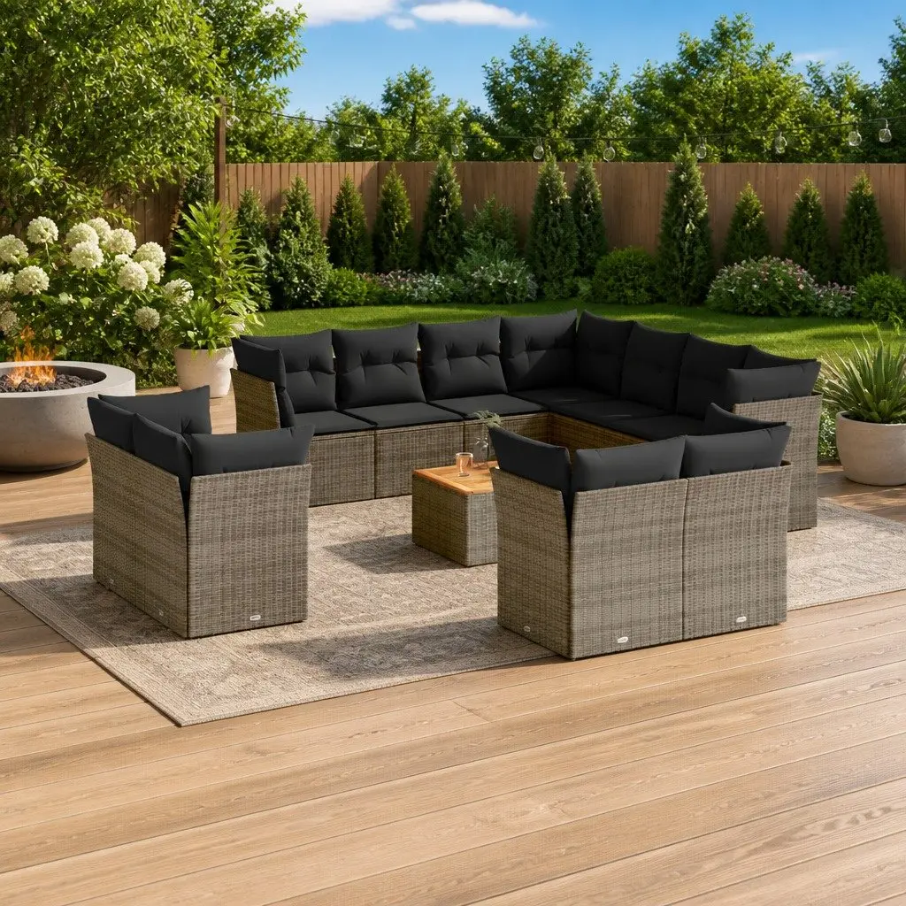 Garden Sofa Set 12 Pieces Grey Poly Rattan Outdoor Furniture with Cushions