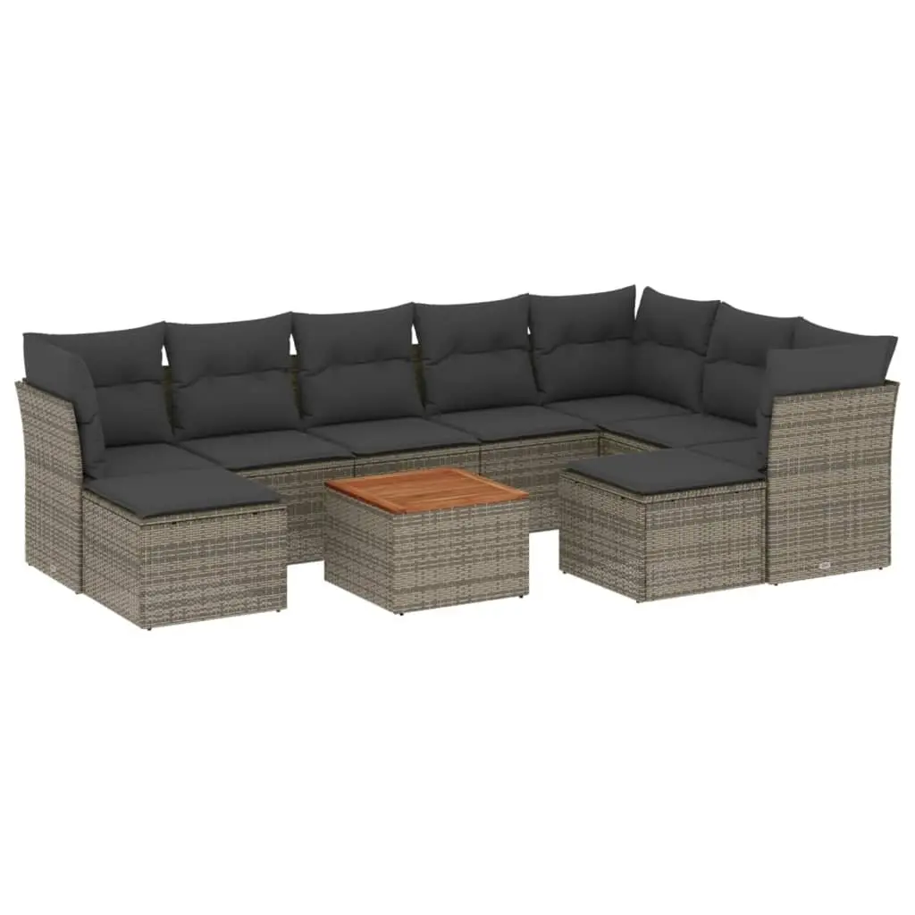 10 Piece Garden Sofa Set Poly Rattan Grey with Cushions and Acacia Wood Table Top