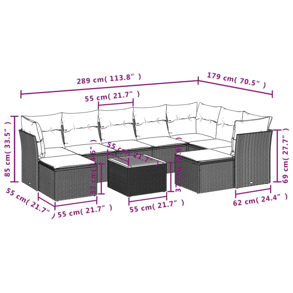 10 Piece Garden Sofa Set Poly Rattan Grey with Cushions and Acacia Wood Table Top