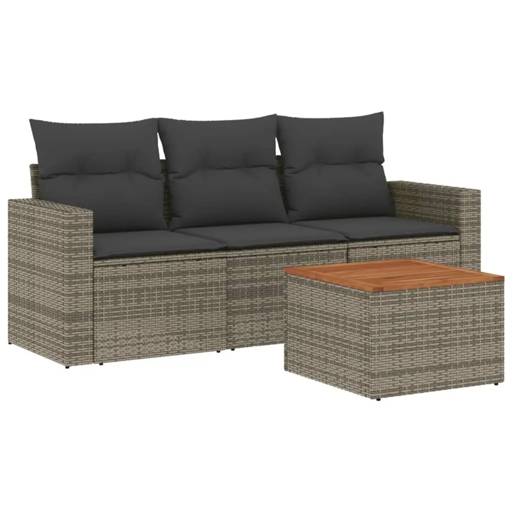 4 Piece Garden Sofa Set Poly Rattan Grey with Storage Cushions and Acacia Wood Table Top