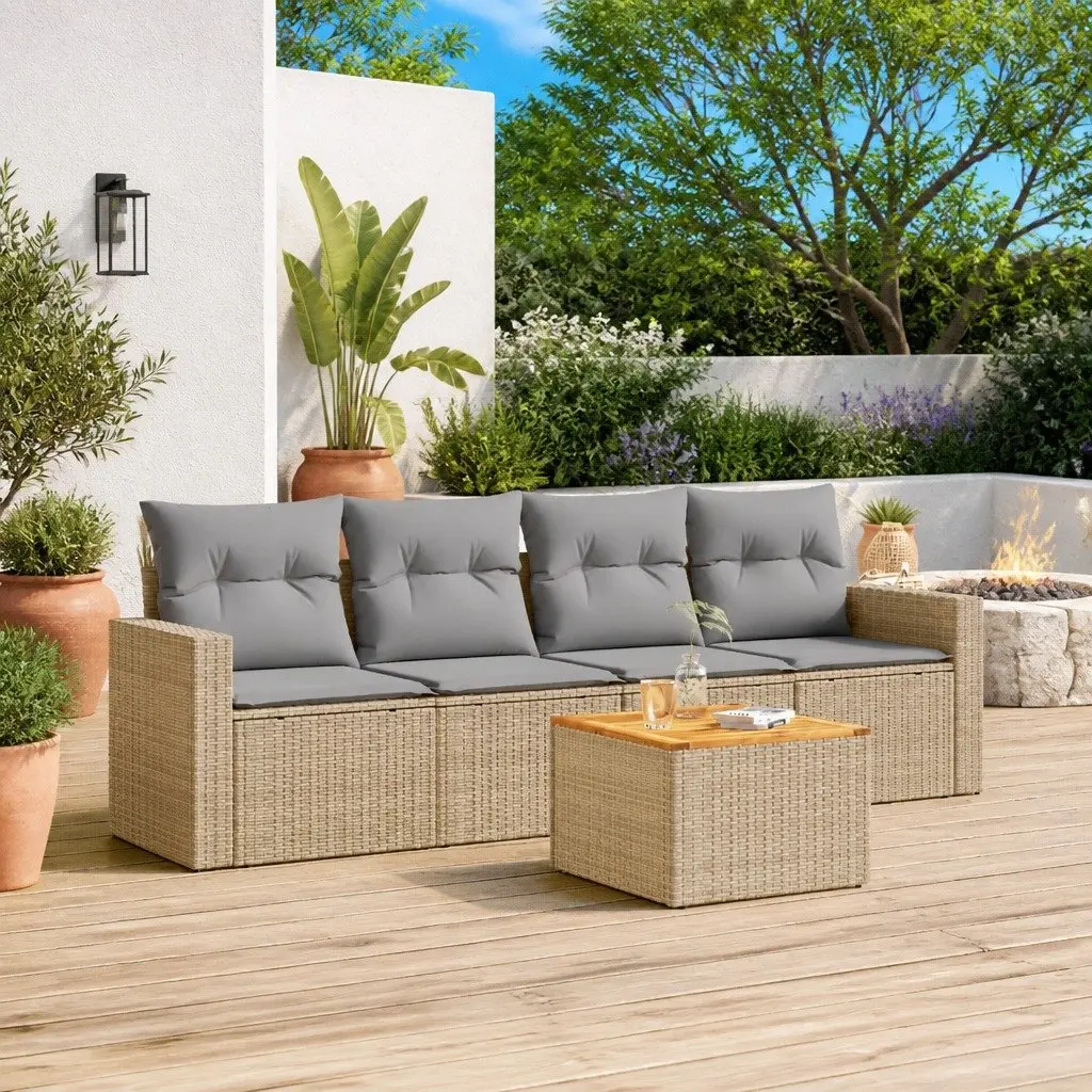 Garden Sofa Set PE Rattan Modular 5 Piece Outdoor Patio Furniture Beige