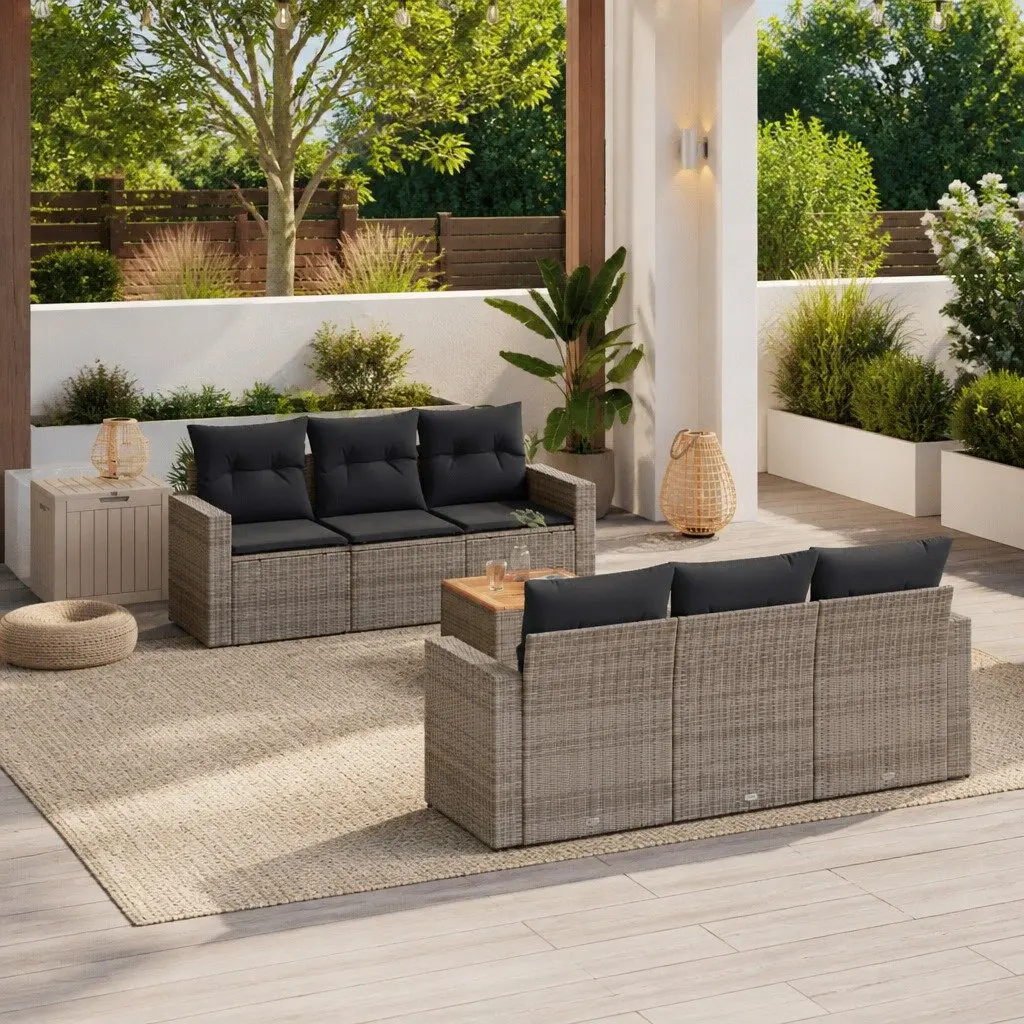 7 Piece Garden Sofa Set PE Rattan Modular Grey with Acacia Wood Tabletop and Storage Cushions Outdoor Furniture