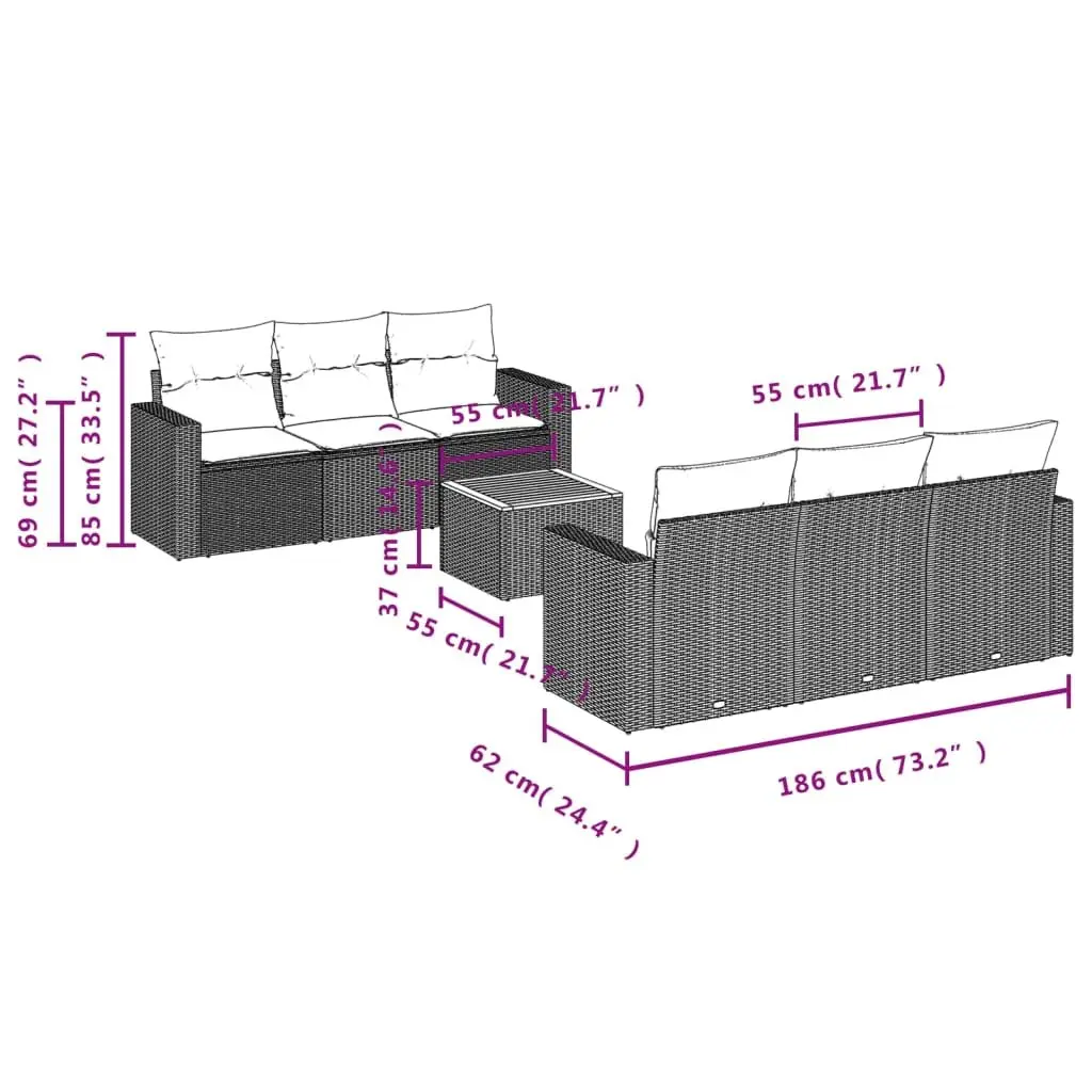 7 Piece Garden Sofa Set PE Rattan Modular Grey with Acacia Wood Tabletop and Storage Cushions Outdoor Furniture