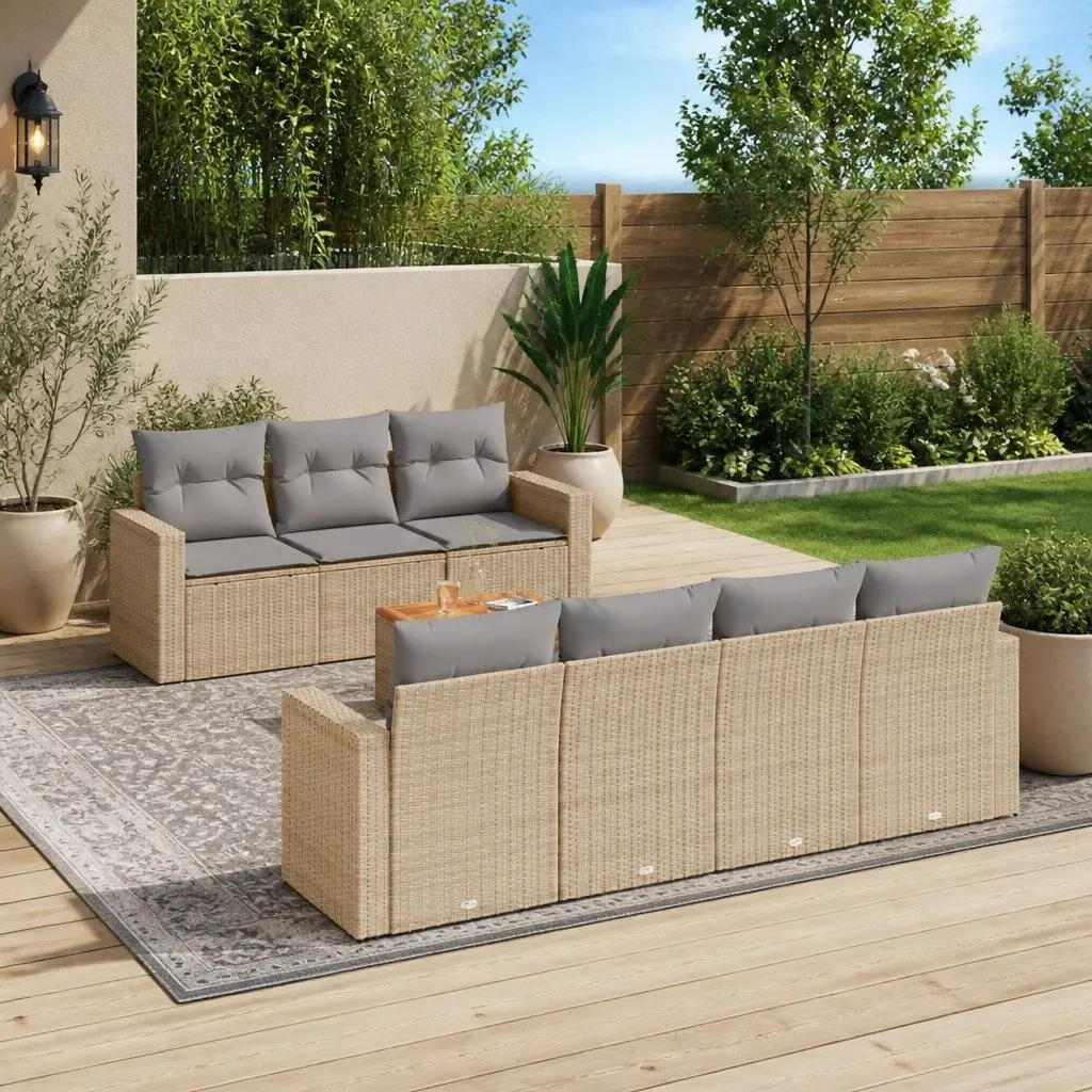Garden Sofa Set 8 Piece Outdoor Furniture Beige Poly Rattan Patio Seating with