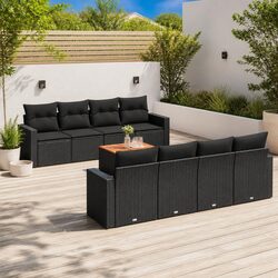9 Piece Outdoor Garden Sofa Set with Storage Cushions Black Poly Rattan